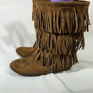 MAKALU CALIFORNIA NALANI SUEDE LEATHER BOOTS TIERED FRINGE GIRLS BROWN 3.5 YOUTH
